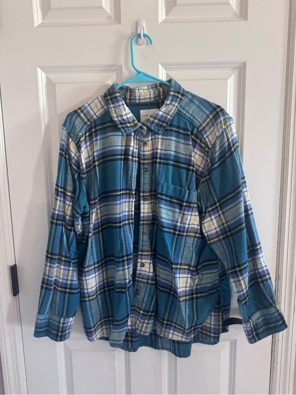 American Eagle Outfitters Teal and White Plaid Button-Down Shirt